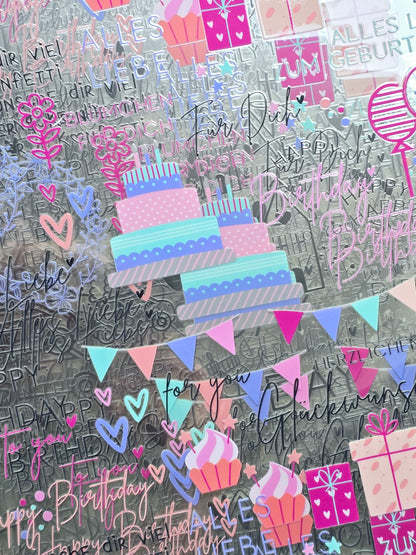 Rub On "Geburtstag" farbig 26 Sticker auf A4