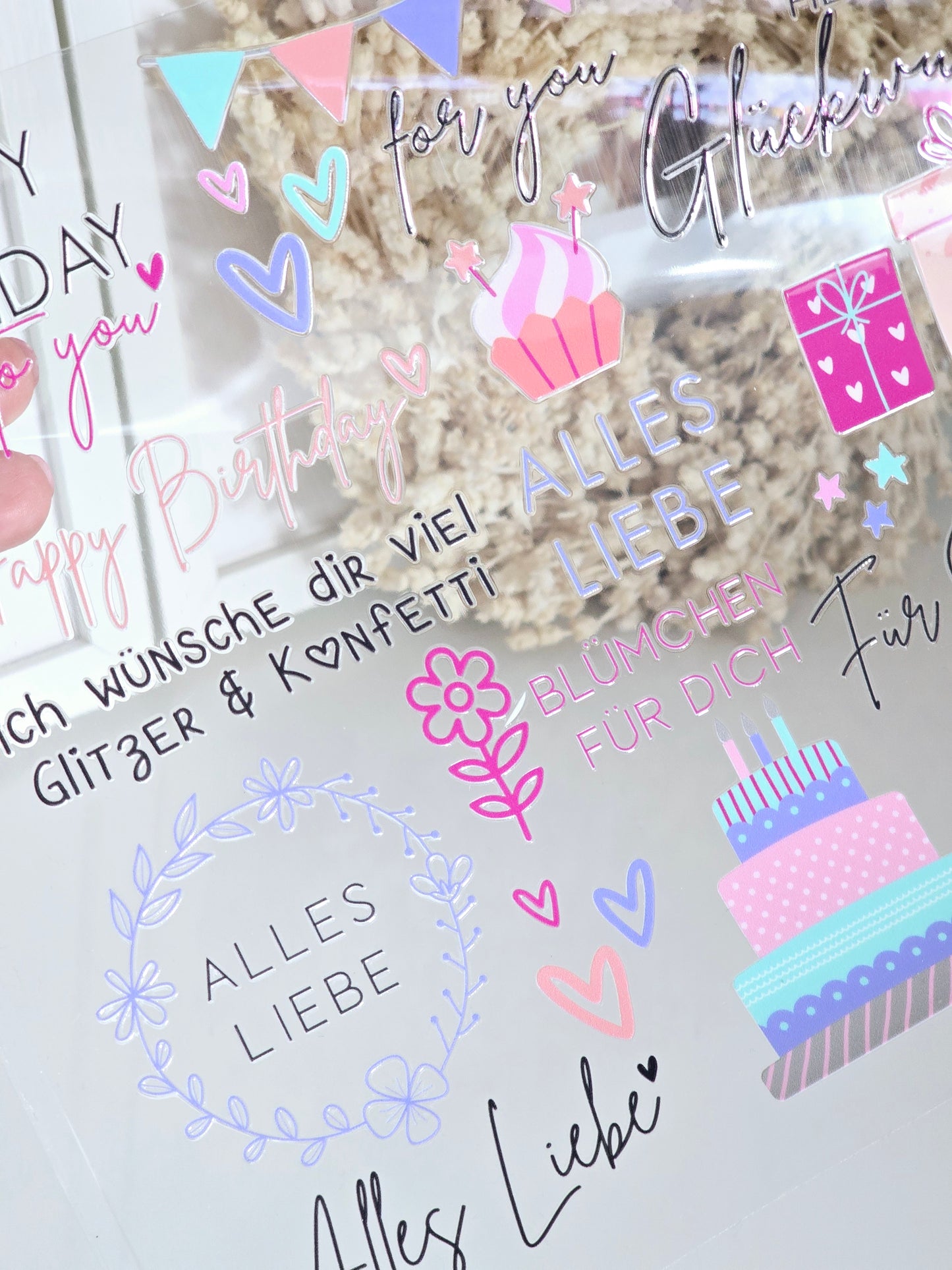 Rub On "Geburtstag" farbig 26 Sticker auf A4