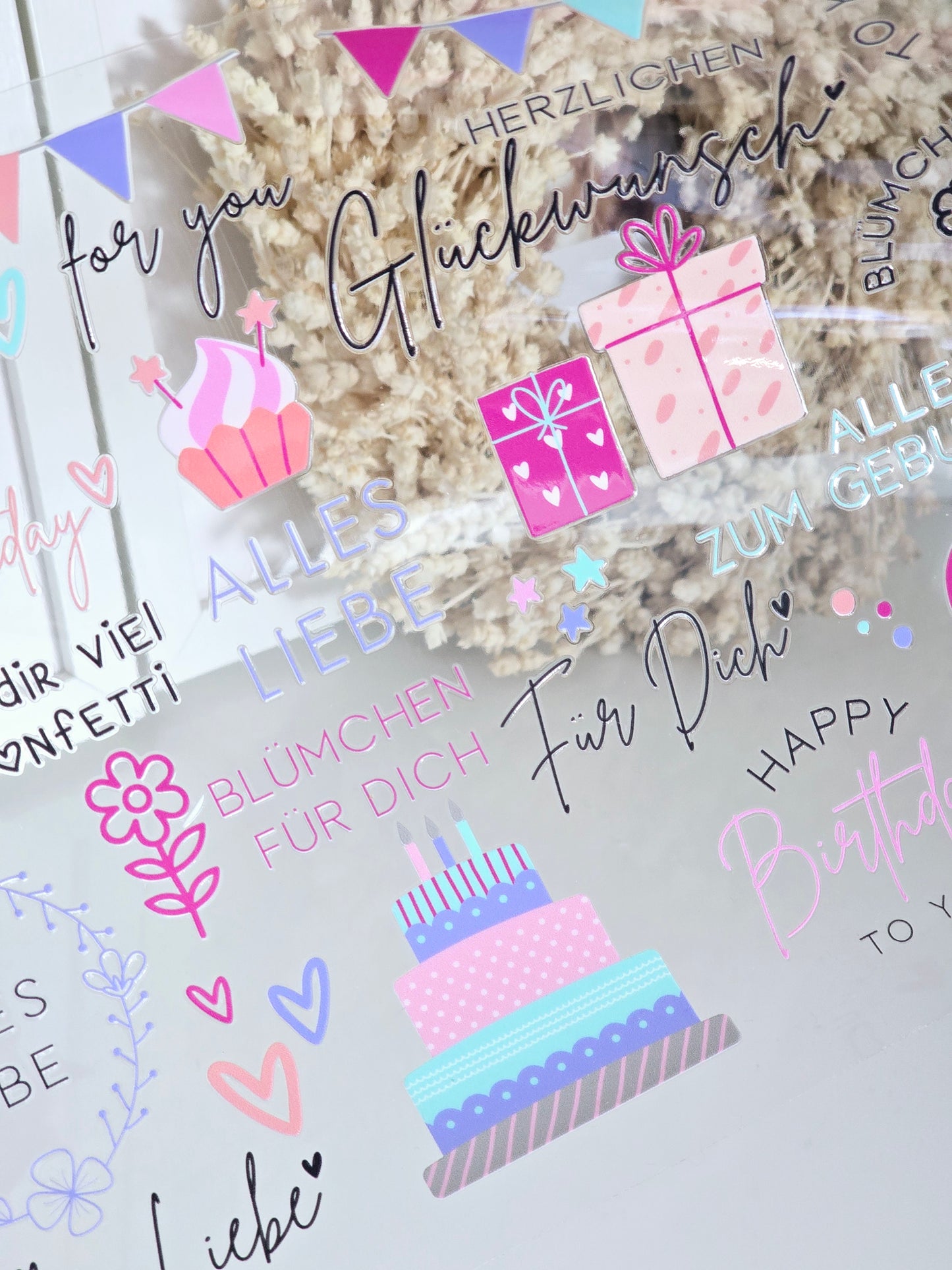 Rub On "Geburtstag" farbig 26 Sticker auf A4