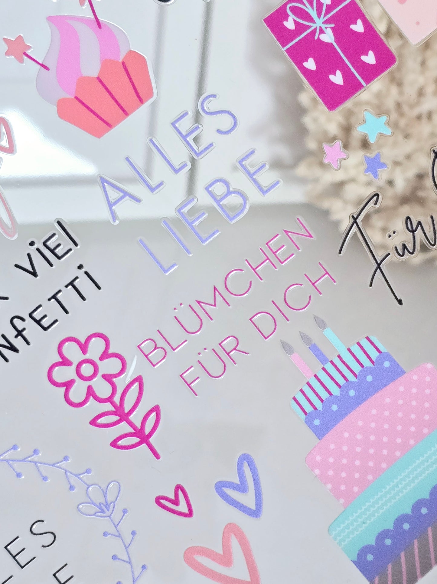 Rub On "Geburtstag" farbig 26 Sticker auf A4