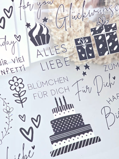 Rub On "Geburtstag" schwarz-weiß 26 Sticker auf A4
