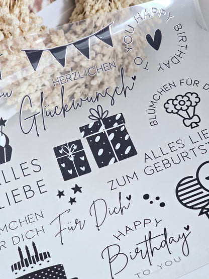 Rub On "Geburtstag" schwarz-weiß 26 Sticker auf A4