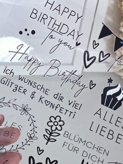 Rub On "Geburtstag" schwarz-weiß 26 Sticker auf A4