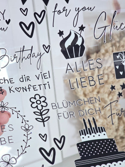 Rub On "Geburtstag" schwarz-weiß 26 Sticker auf A4
