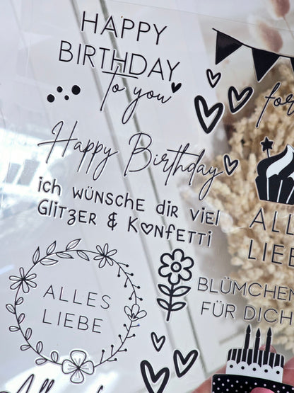 Rub On "Geburtstag" schwarz-weiß 26 Sticker auf A4