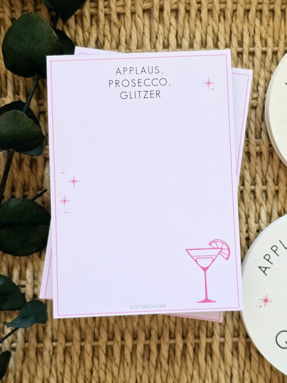 Notizblock Applaus, Prosecco, Glitzer in A6