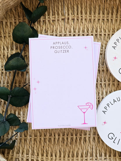 Notizblock Applaus, Prosecco, Glitzer in A6