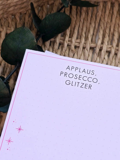 Notizblock Applaus, Prosecco, Glitzer in A6