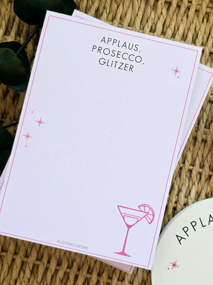 Notizblock Applaus, Prosecco, Glitzer in A6