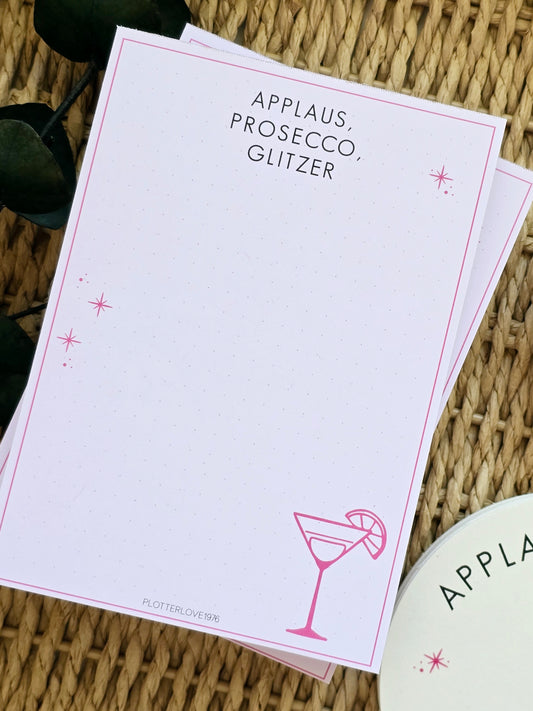 Notizblock Applaus, Prosecco, Glitzer in A6