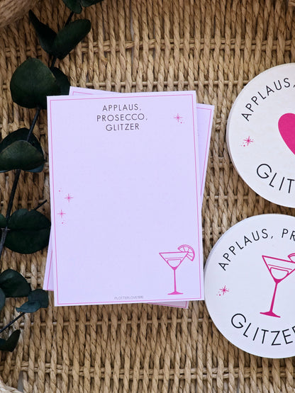 Notizblock Applaus, Prosecco, Glitzer in A6