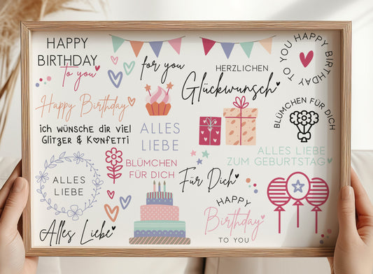 Rub On "Geburtstag" farbig 26 Sticker auf A4