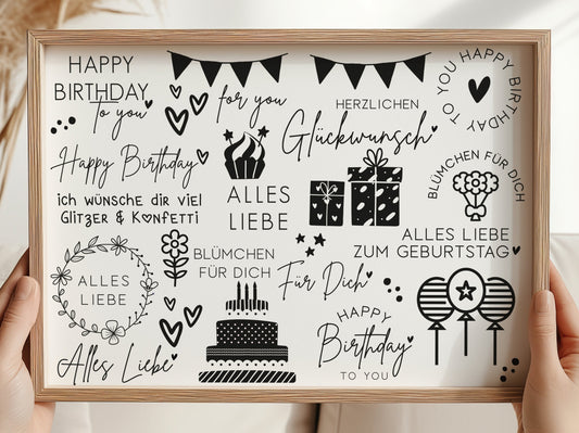 Rub On "Geburtstag" schwarz-weiß 26 Sticker auf A4