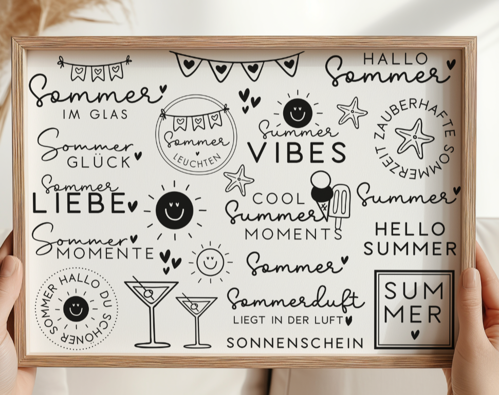 Rub On "SOMMER" 25 Sticker auf A4 (2 Farben)