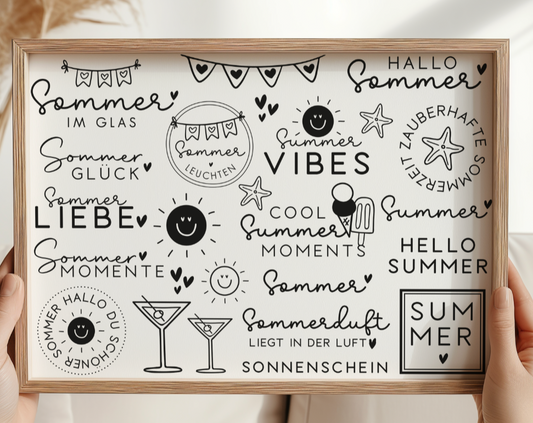 Rub On "SOMMER" 25 Sticker auf A4 (2 Farben)