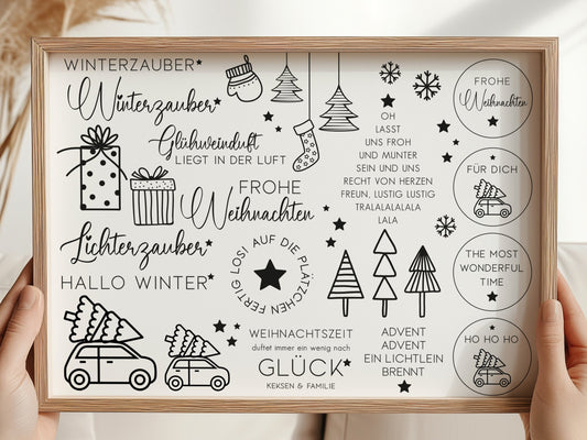 Rub On "Weihnachten" 25 Sticker auf A4 in 2 Farben