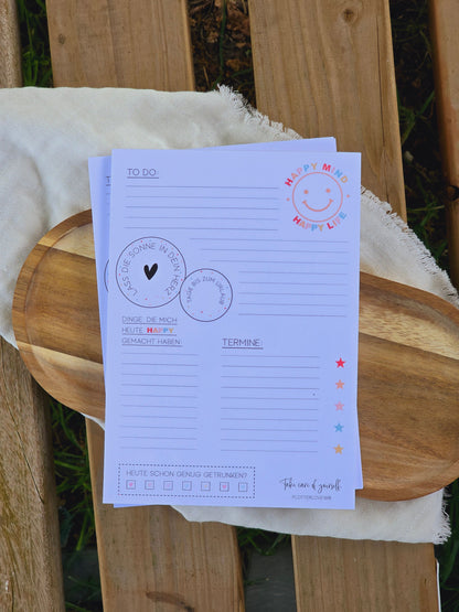 Notizblock Happy Mind / Wochenplaner / Familienplaner / TO DO / Selfcare / DIN A5 / 50 Blatt