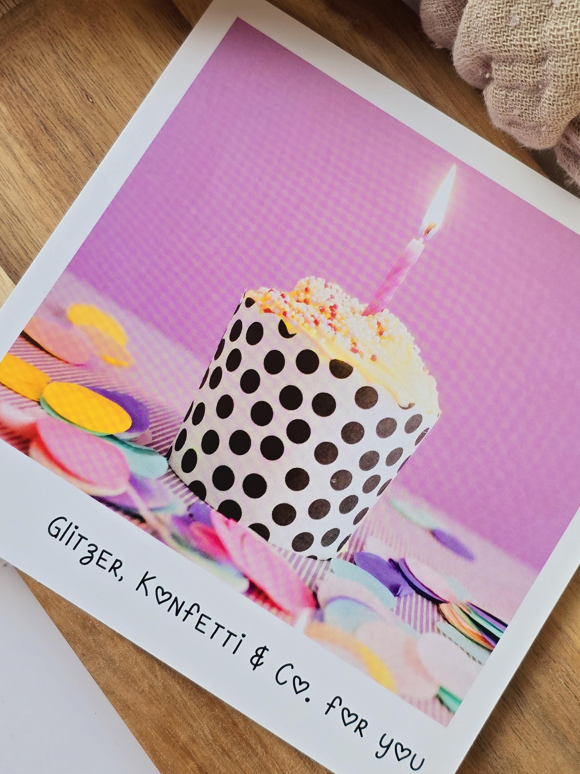 Postkarte Glitzer, Konfetti.../ Umschlag / quadratisch / Kleinigkeit / Geschenk / Geburtstag / Genesung / Abschied
