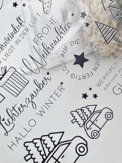 Rub On Weihnachten / 25 Sticker / schwarz / weiß / A4 Seite / Aufkleber / DIY / Zuhause / Geschenk / Deko / Spruch / Advent / Nikolaus