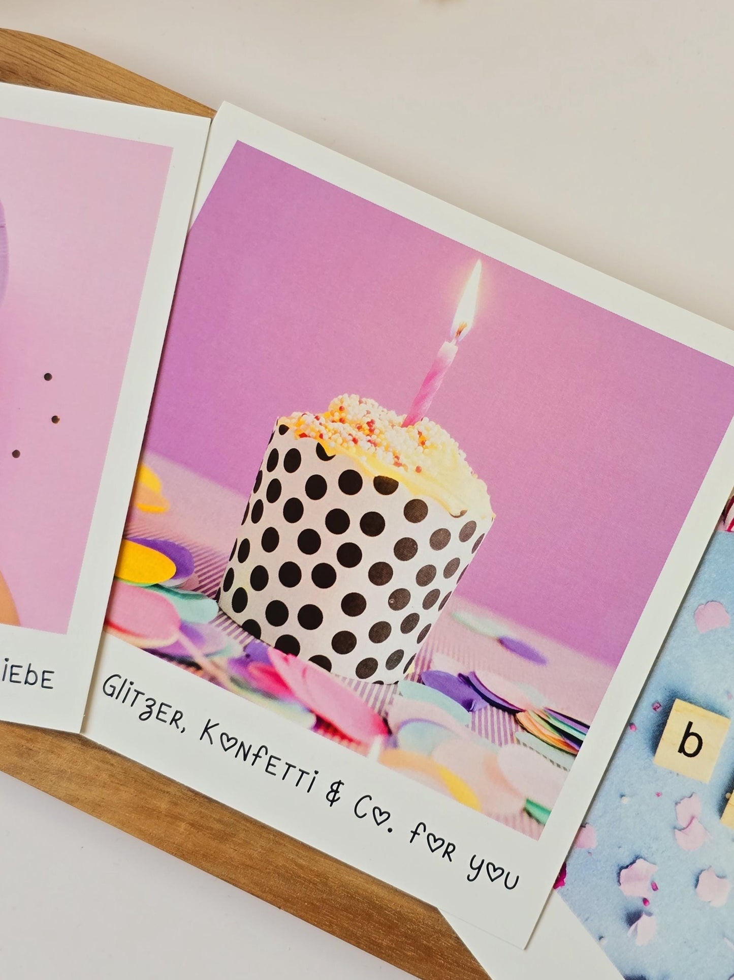 Postkarte Glitzer, Konfetti.../ Umschlag / quadratisch / Kleinigkeit / Geschenk / Geburtstag / Genesung / Abschied