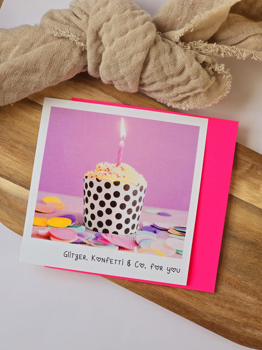 Postkarte Glitzer, Konfetti.../ Umschlag / quadratisch / Kleinigkeit / Geschenk / Geburtstag / Genesung / Abschied