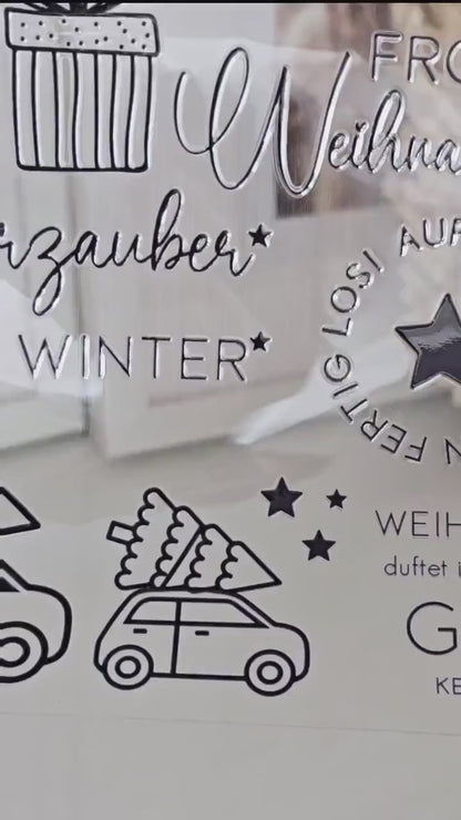 Rub On Weihnachten / 25 Sticker / schwarz / weiß / A4 Seite / Aufkleber / DIY / Zuhause / Geschenk / Deko / Spruch / Advent / Nikolaus