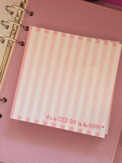 Notizblock "It's a good day to be happy" rosa Streife in 105 x 105 mm