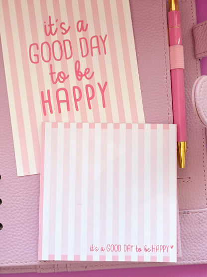 Notizblock "It's a good day to be happy" rosa Streife in 105 x 105 mm