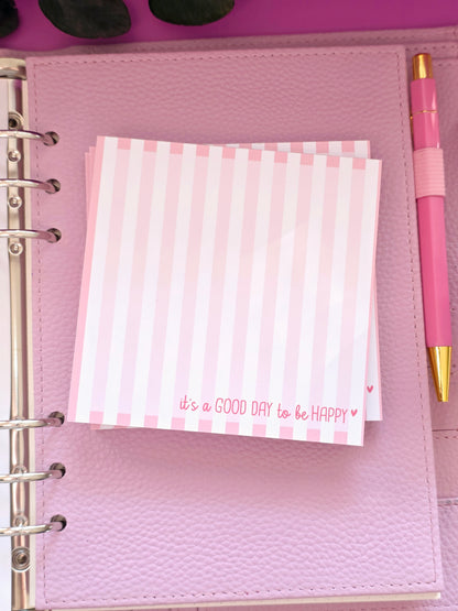 Notizblock "It's a good day to be happy" rosa Streife in 105 x 105 mm
