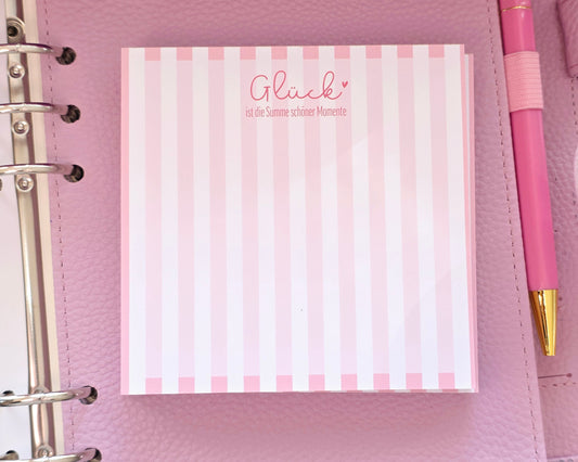 Notizblock "Glück ist die Summe schöner Momente" rosa Streifen in 105 x 105 mm
